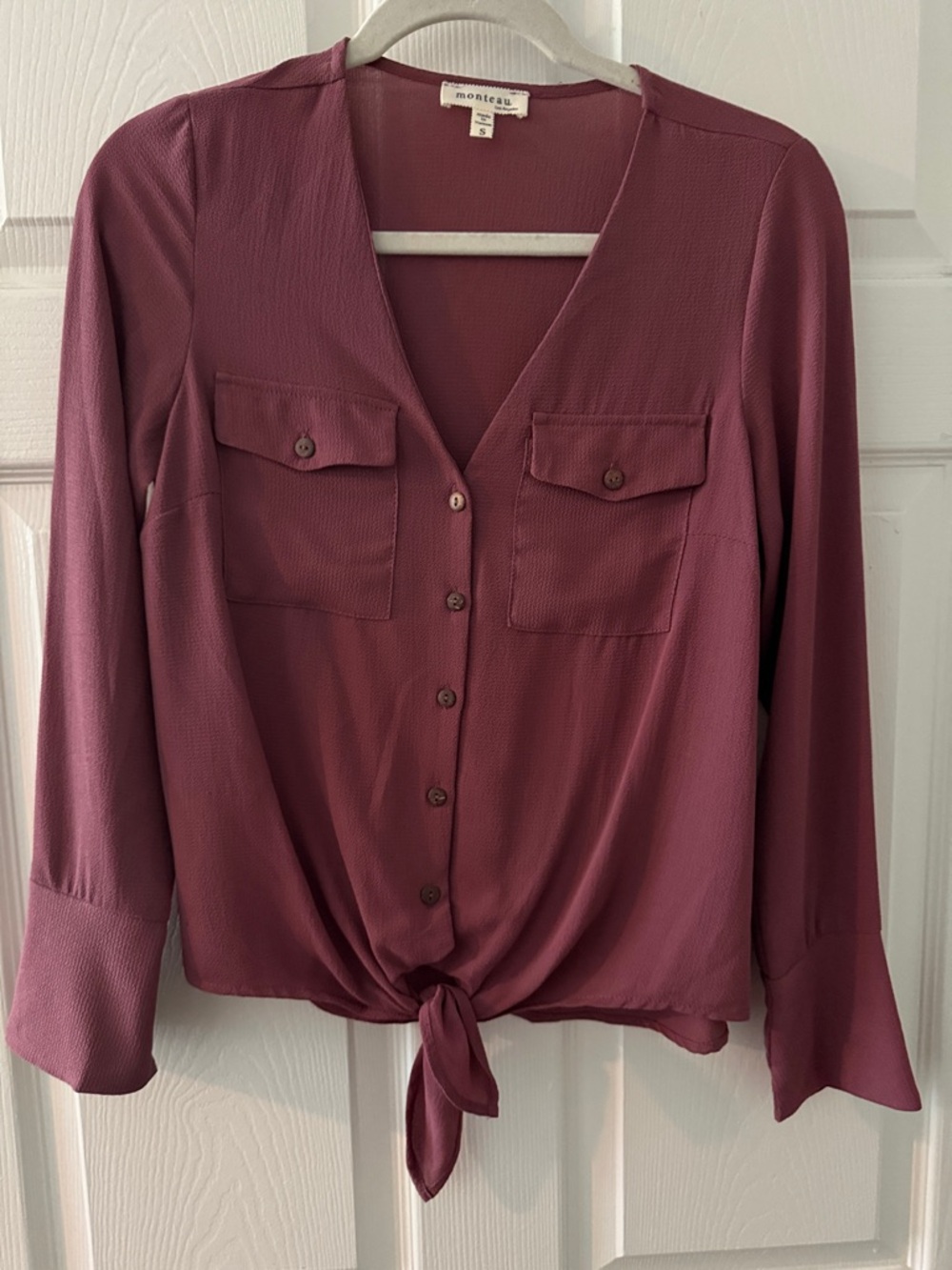 Monteau Mauve-Pink Button Front Tie-Hem Blouse